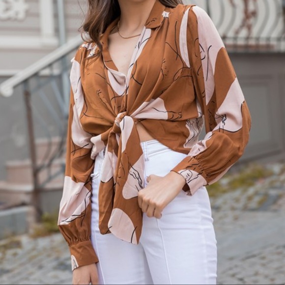 Zara Tops - Zara Abstract Sketch Art Button Front Shirt Brown